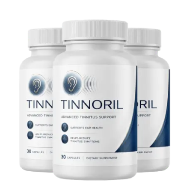 Three Tinnoril supplement bottles — advanced tinnitus support
